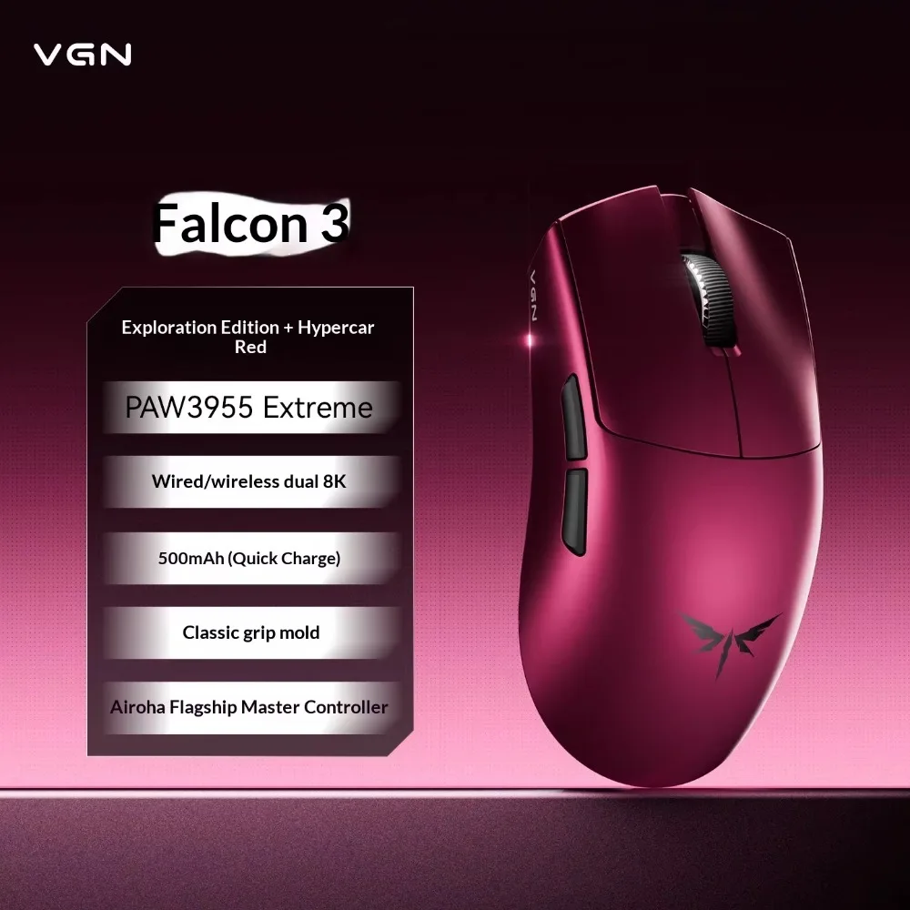 VGN Falcon 3 Wireless Gaming Mouse PAW3950 /3955 Extreme Dual 8K 500mAh Lightweight Ergonomic Computer Mouse for Gaming Office