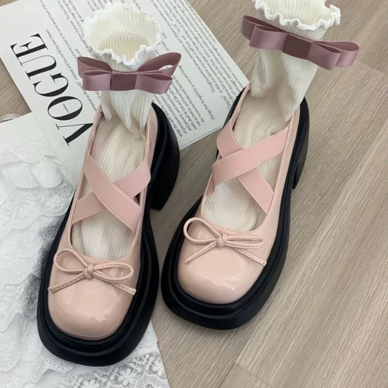 Bow Women Platform Marie Jane Shoes Mid Heels Fashion Sandals 2024 Summer New Thick Pumps Casual Chunky Women Lolita Shoes