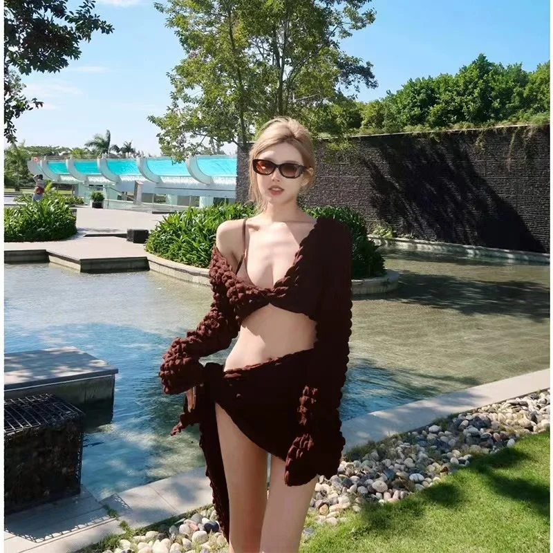 Wisuwear-Ins Brown Bikini Cover Up Set, Manga Comprida, Saia Protetor Solar, Sexy Spicy Girl Photo Swimwear, Novo, 2023