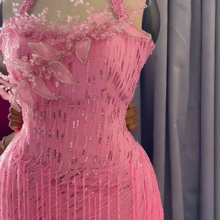 Luxury Pink Prom Dress with Beaded Tassels Short Cocktail Party Gown Sexy Evening Dress Suitable for African Women's Customized