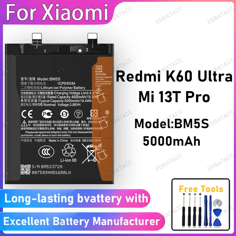 

100% New 5000mAh BM5S Battery For XIAOMI Redmi K60 Ultra/Mi 13T Pro Battery Replacement Bateria+Free Tools