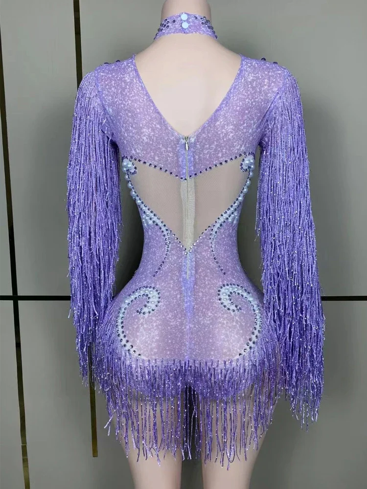 Macacão de strass brilhante roxo para mulheres, terno sexy transparente de malha borla, desempenho de palco, roupa de clube noturno, novo estilo