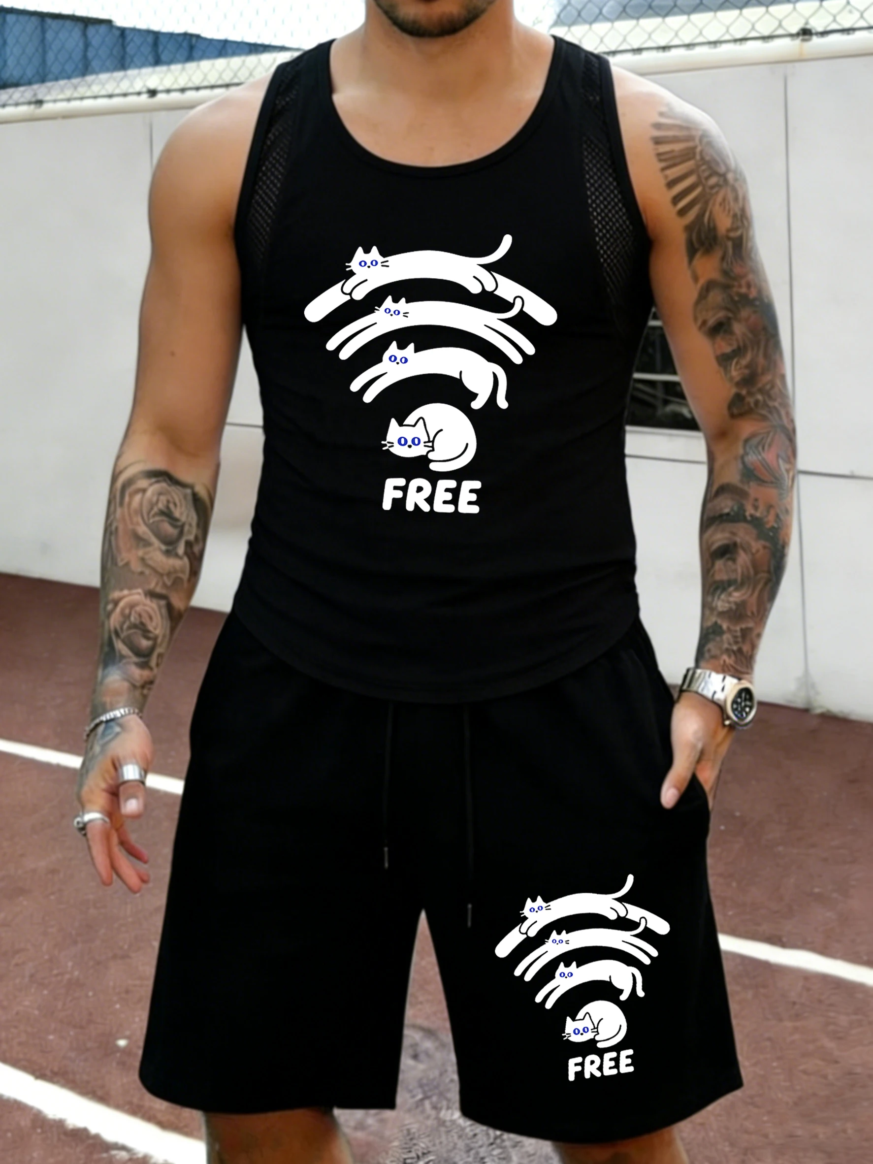 

Free Jumping Cats Creative Prints Men Summer Casual Mesh Sleeveless Set Comfy Gym Tank Top Daily Pocket Bottom Retro Sportpants