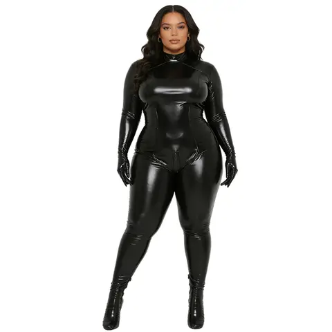 Kadın Suni Deri Tam Vücut Bodysuit Islak Görünümlü Eldivenli Kol Çift Uçlu Fermuar Açılabilir Kasık Lateks Catsuit Unitard Clubwear