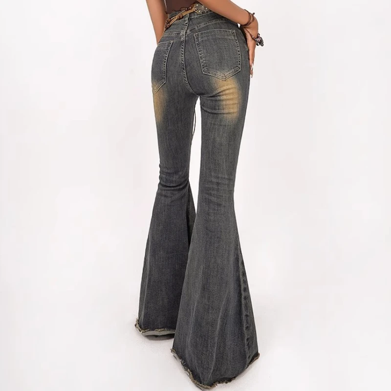 

Y2K Vintage Distressed Slim Fit Ripped Flared Jeans Hot Girl Fashion Versatile High Waist Slimming Stretch Floor-Length Pants