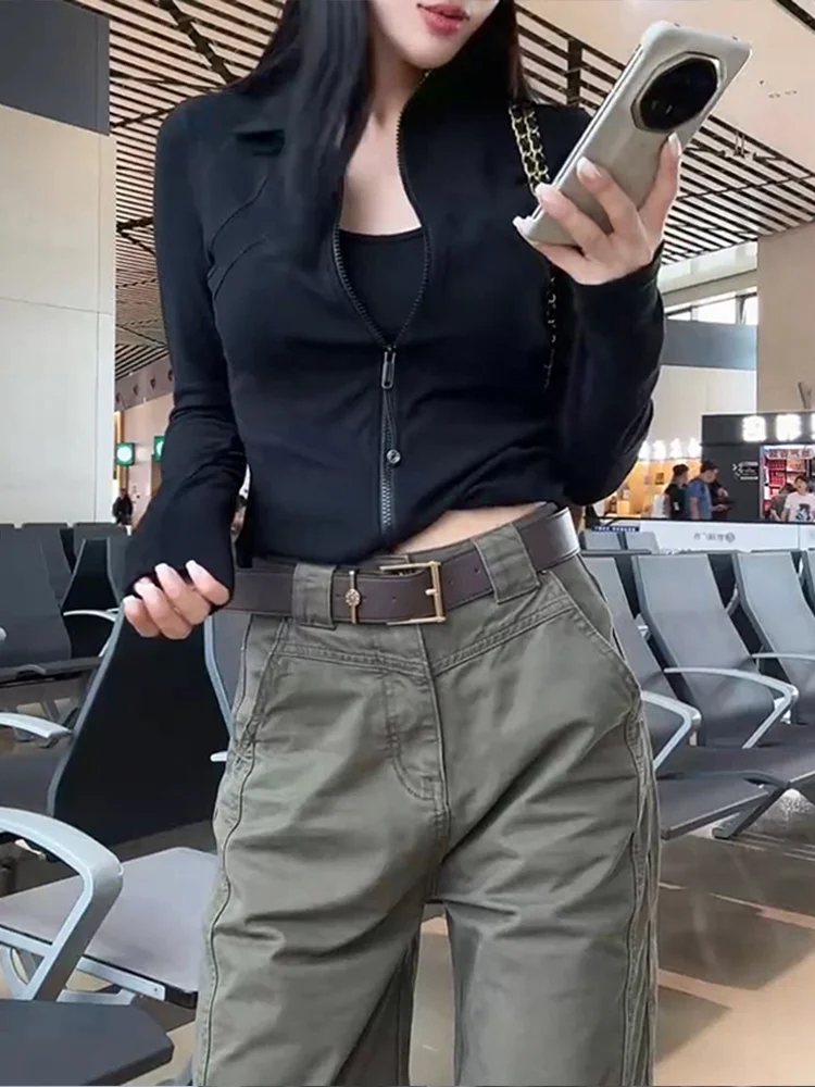 

Faionable Pure Color Stand Collar Casual Jaet Women's New Sle Ele Versatile Top Trendy Zipper Closure Windproof