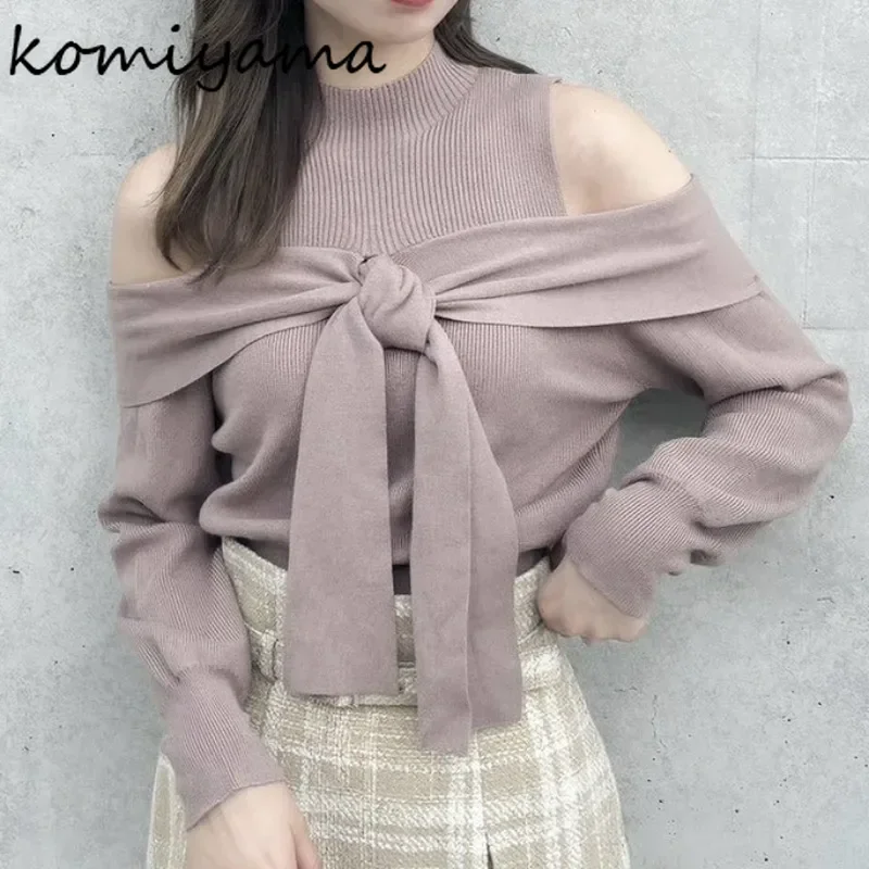 Off Shoulder Long Sleeve 2024 Woman Sweater Japan Bandage Outerwears Knit Ropa Mujer Autumn Winter Pullovers O-Neck Sueter