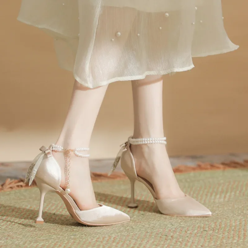 

Size 30-44 Thin Heel Pointed Toe Pearls High Heels Women Wedding Shoes For Women Point Toe Ankle Strap White Heels