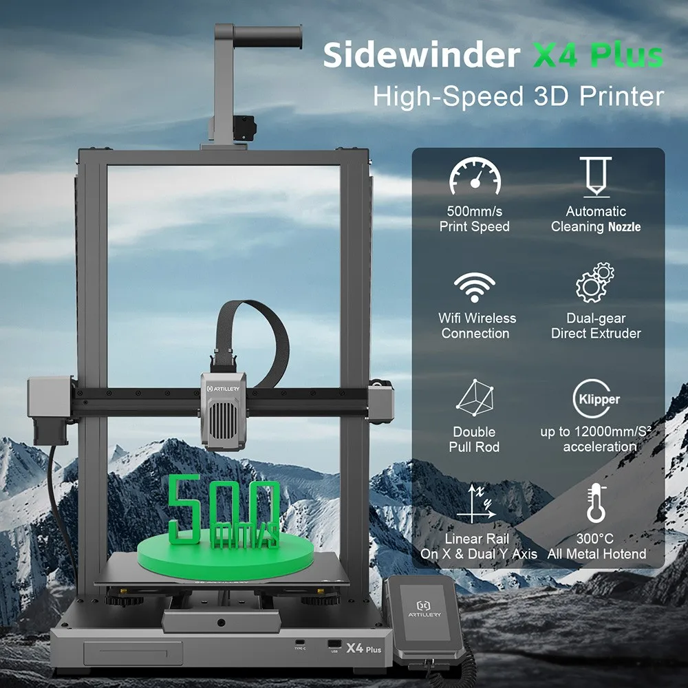 Artillery Sidewinder X4 Plus 3D Printer, 300*300*400mm, 500mm/s Print Speed, XY-Metal Linear Guide Rail, Auto Levelling 8000 rpm