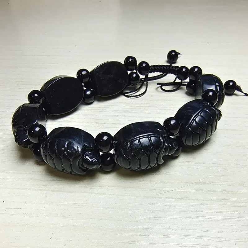 Natural Black Jade Tortoise Elastic Bracelet Charm Jewellery Fashion Accessories Hand-Carved Man Woman Luck Amulet