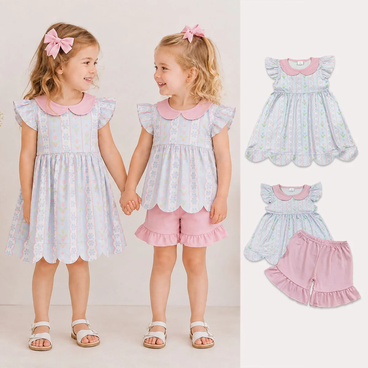 Toddler Sibling Baby Girls Flowers Stripe Tunic Tops Ruffle Shorts Scallop Clothes Set Collar Dress Children 2Pcs Sets Wholesale