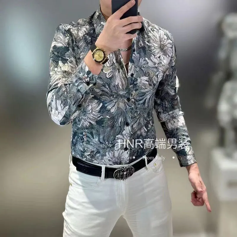 2024 Elegant Fashion Harajuku Slim Fit All Match Shirt Square Neck Printed Button Long Sleeve Outerwear Loose Sport Ropa Hombre