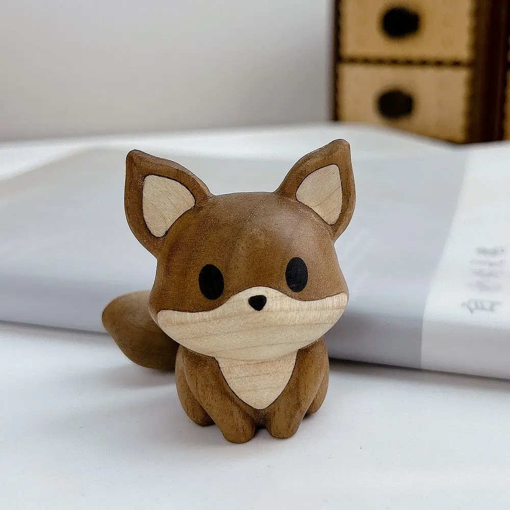 Handmade natural wooden fox figurine wood inlay animal statue Desktop Sculpture Ornament room home decor Gift