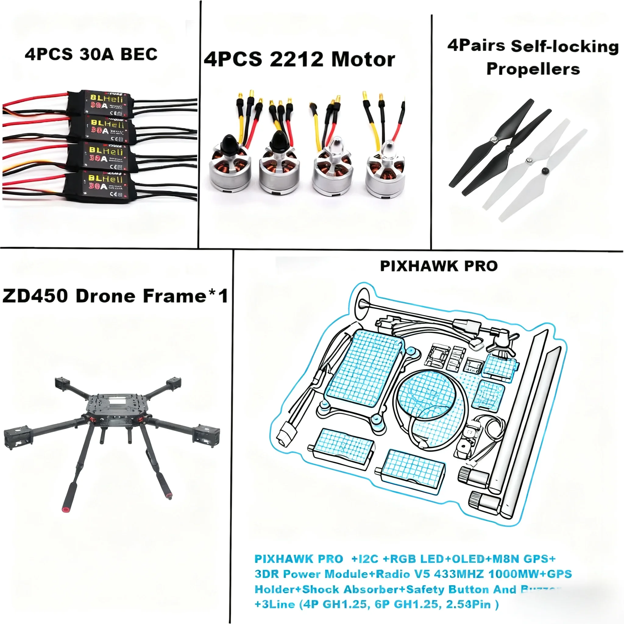 

HotRC PIXHAWK PRO Flight Control Carbon Fiber 450 Frame Kit Ardupilot 100 МВт Радиотелеметрия Квадрокоптер BLHELI 30A ESC 2212 Двигатель