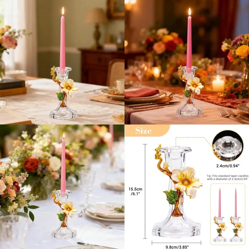 

Elegant Floral Glass Candlestick Holder - Handcrafted Enamel Taper Candle Holder for Home Decor, Weddings, and Special Events
