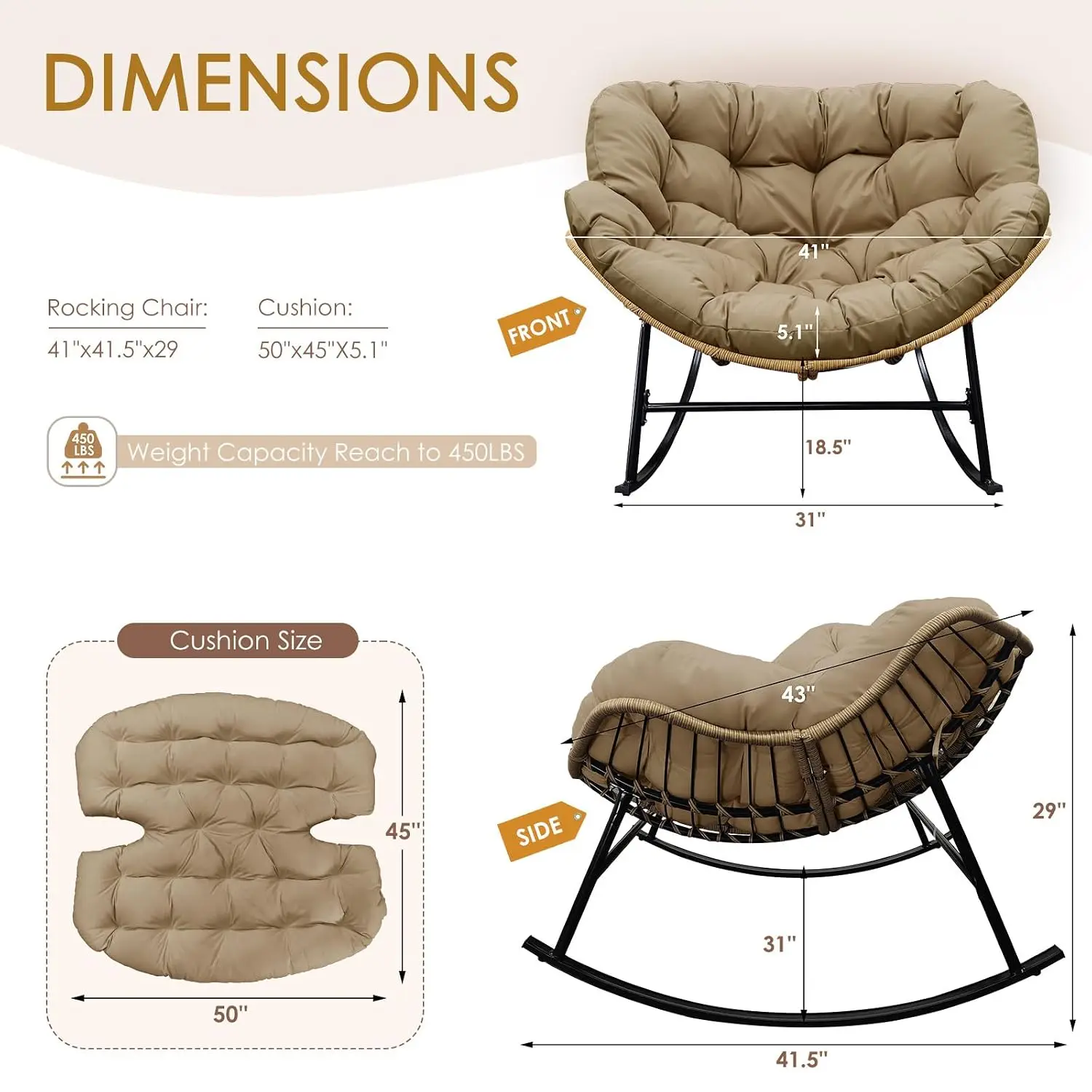 Rocking Chair 2-Piece, Gliding Lounge With Cushion For Balcony Patio Porch, Wide Double Rocker, Brown, Customized