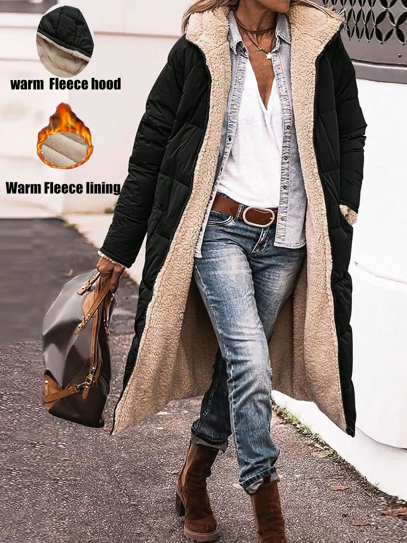 

Женское теплое зимнее пальто средней длины с капюшоном на флисовой подкладке, черная куртка-бомбер для холодной погоды