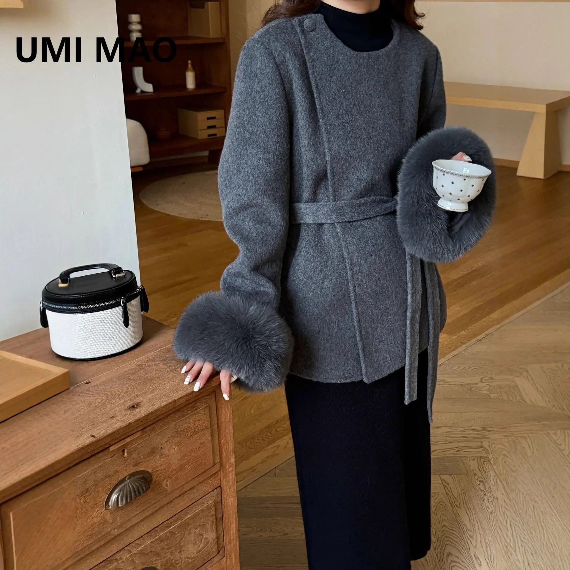 UMI MAO двустороннее шерстяное пальто средней длины со съемными рукавами из лисьего меха, осенне-зимнее шерстяное пальто, женское пальто