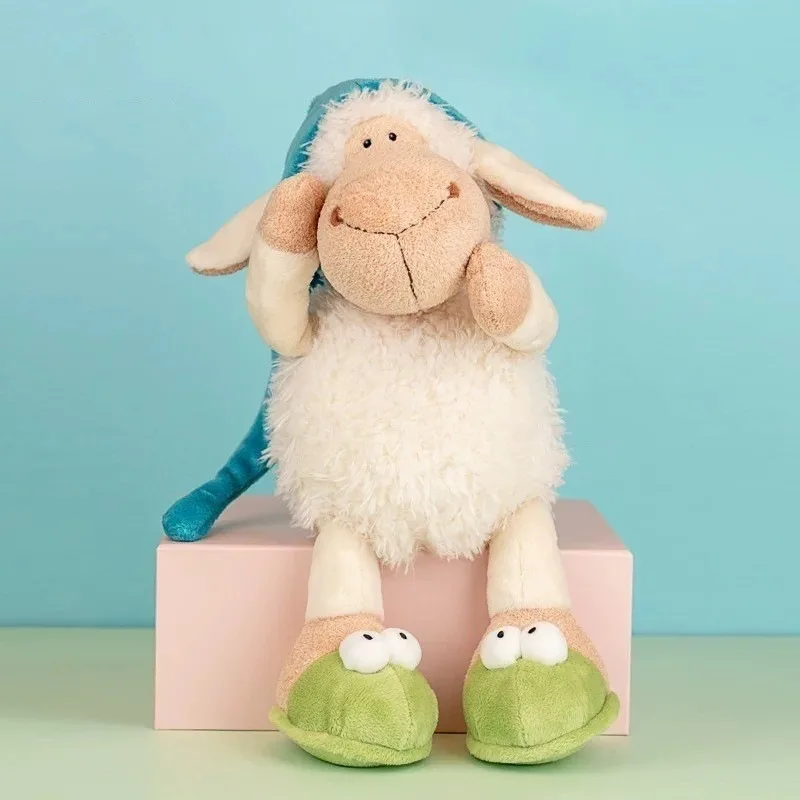 Nuovo! Bambola di pecora con berretto da notte simpatico cartone animato da 25 cm, bambola di peluche per bambini, ornamenti per cuscini da soggiorno, regali di compleanno