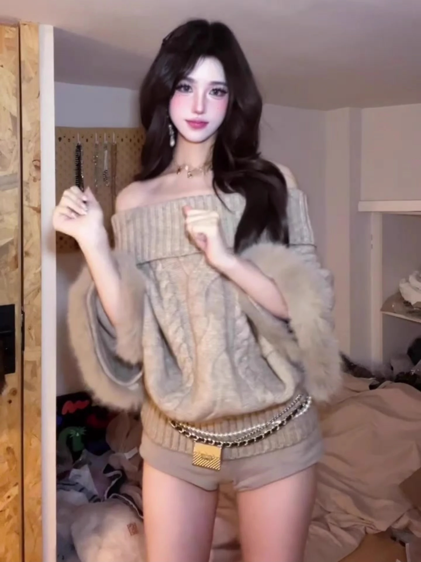 الرجعية الكورية Sle فضفاض المرأة محبوك سترة مع فروي Sves oulder عارية تصميم الخريف الشتاء لينة مريحة تويست نمط