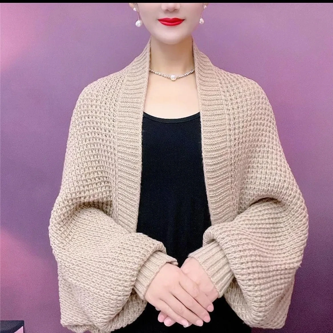 ربيع الخريف موضة الجوف خارج شال محبوك جديد طويل الأكمام لينة شبكة سترة سترة فضفاضة أنيقة الإناث محبوك الرأس