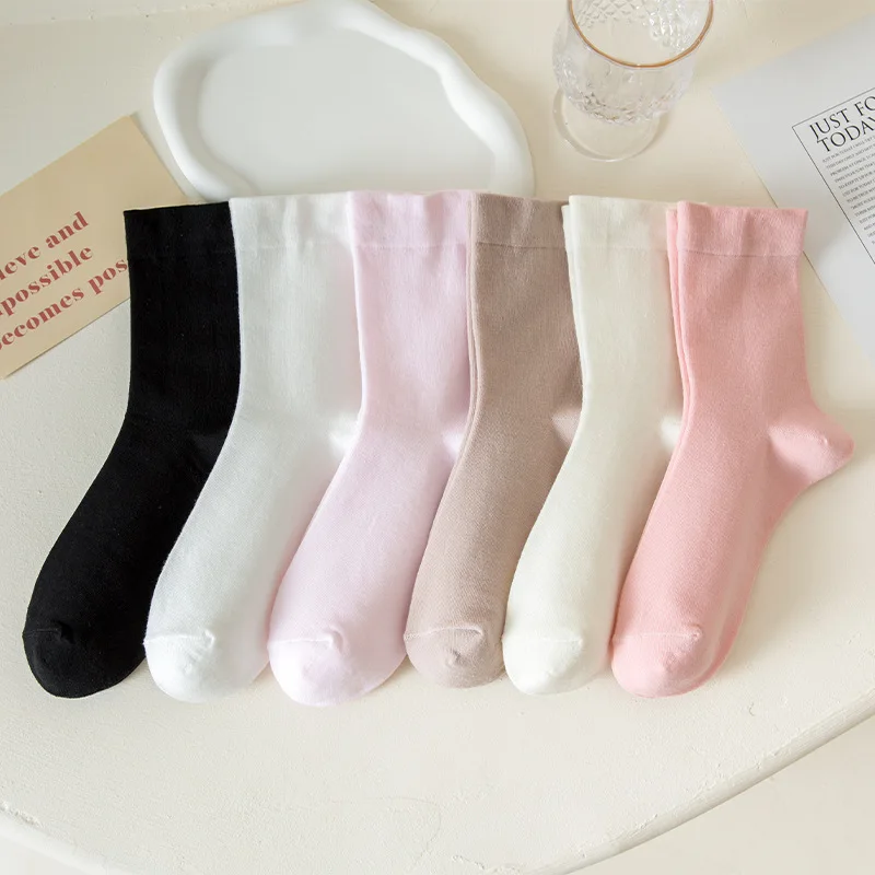 6 Pairs/Set Women\'s Lovely Solid Color Butterfly Socks Crew Socks For Ladies Breathable Happy Socks
