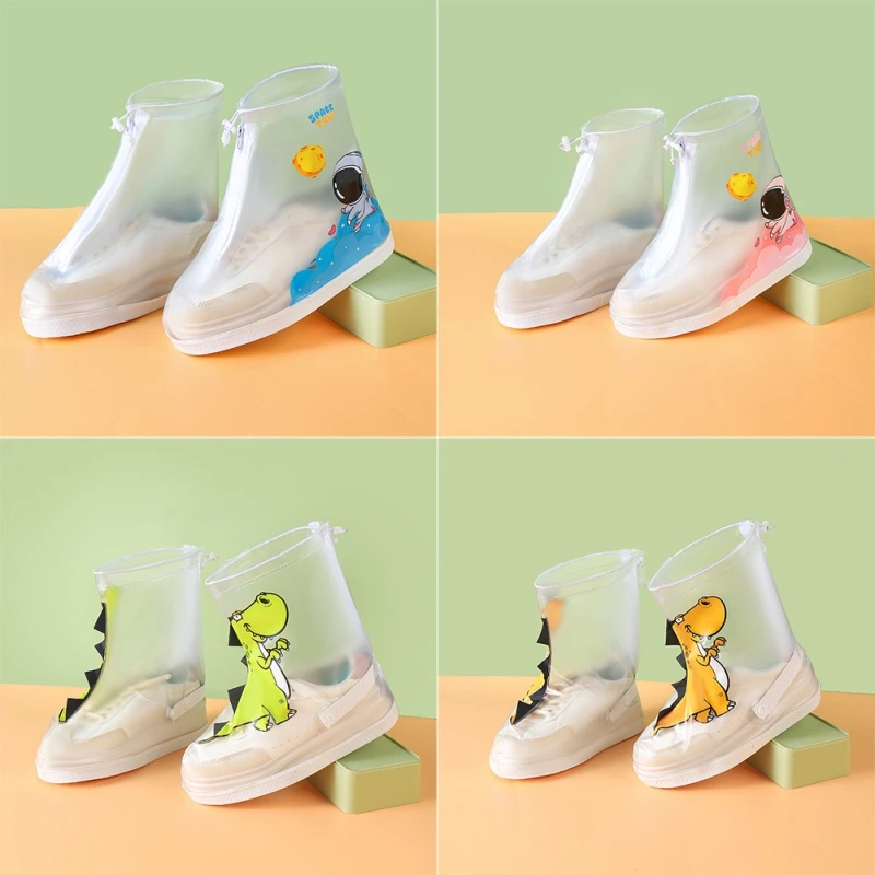 1 Set copriscarpe antipioggia impermeabili antiscivolo trasparenti scarpe antipioggia solide bambini Cartoon Dinosaur Galoshes Zip copriscarpe