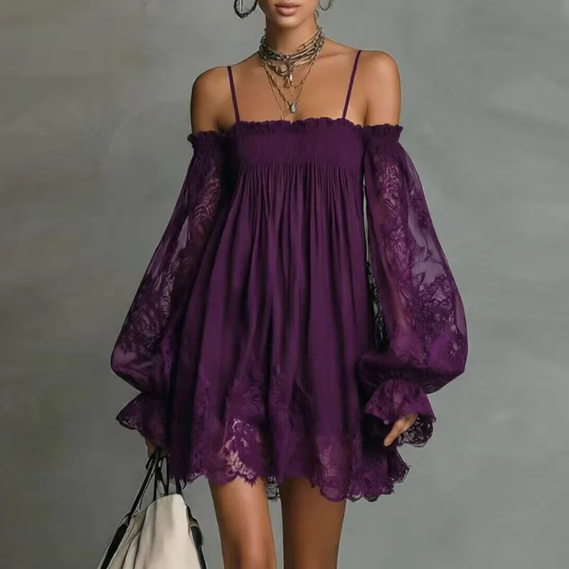 mini bohemian dresses Women Sexy Patchwork Lace Off Shoulder Dress Spring Puff Long Sleeve Hollow Dress Summer Beach Party Short US Size:22 Complete the look with shirred Beaded Wedding Dresses | Bohemian style