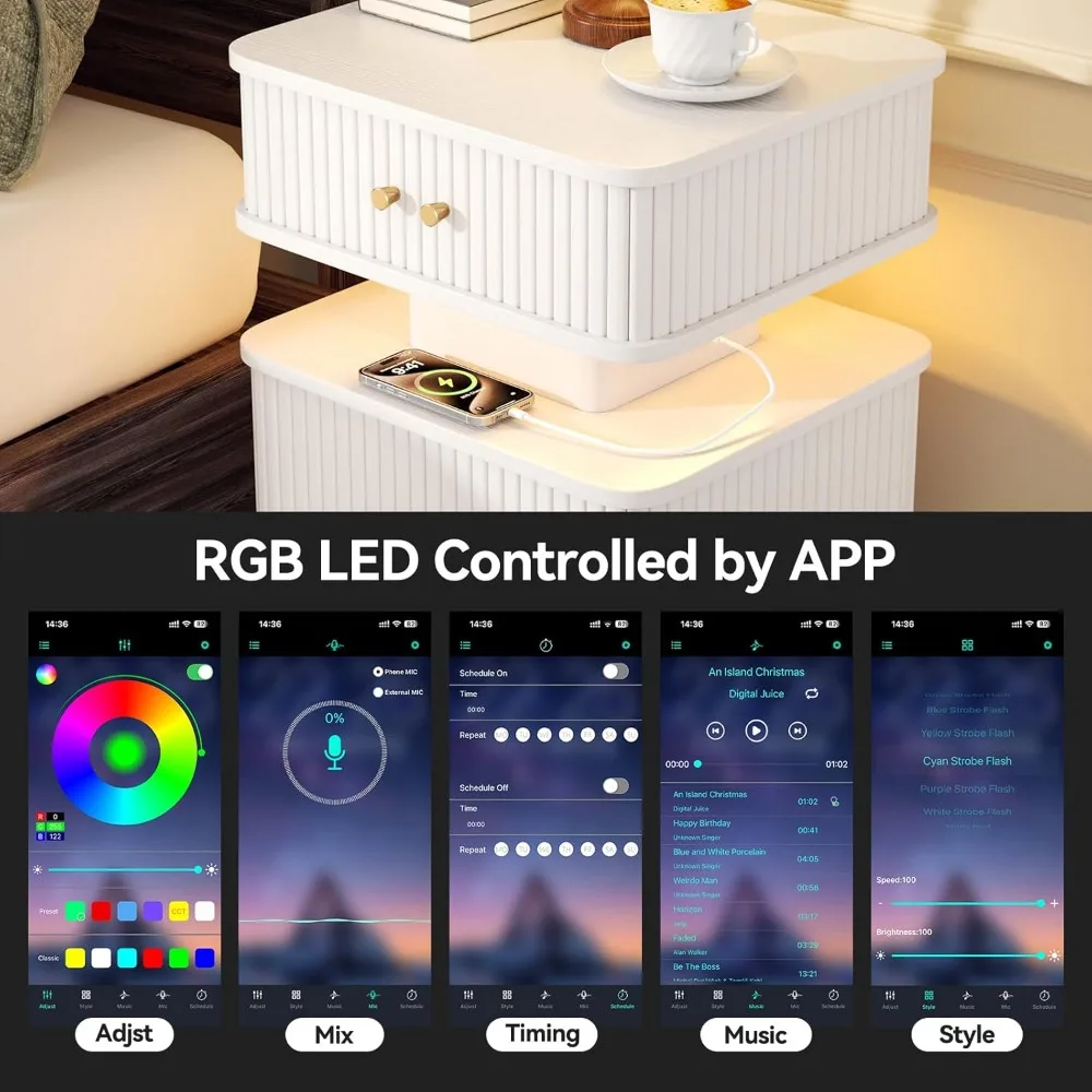 Contemporary 2-Drawer Nightstand with LED Lighting and Charging Port, Sliding Door Design