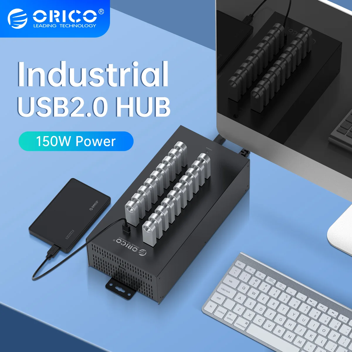 orico ih20p usb20 hub 20 portas usb industrial divisor para windows mac os linux com 150w integrado adaptador de energia independente 01