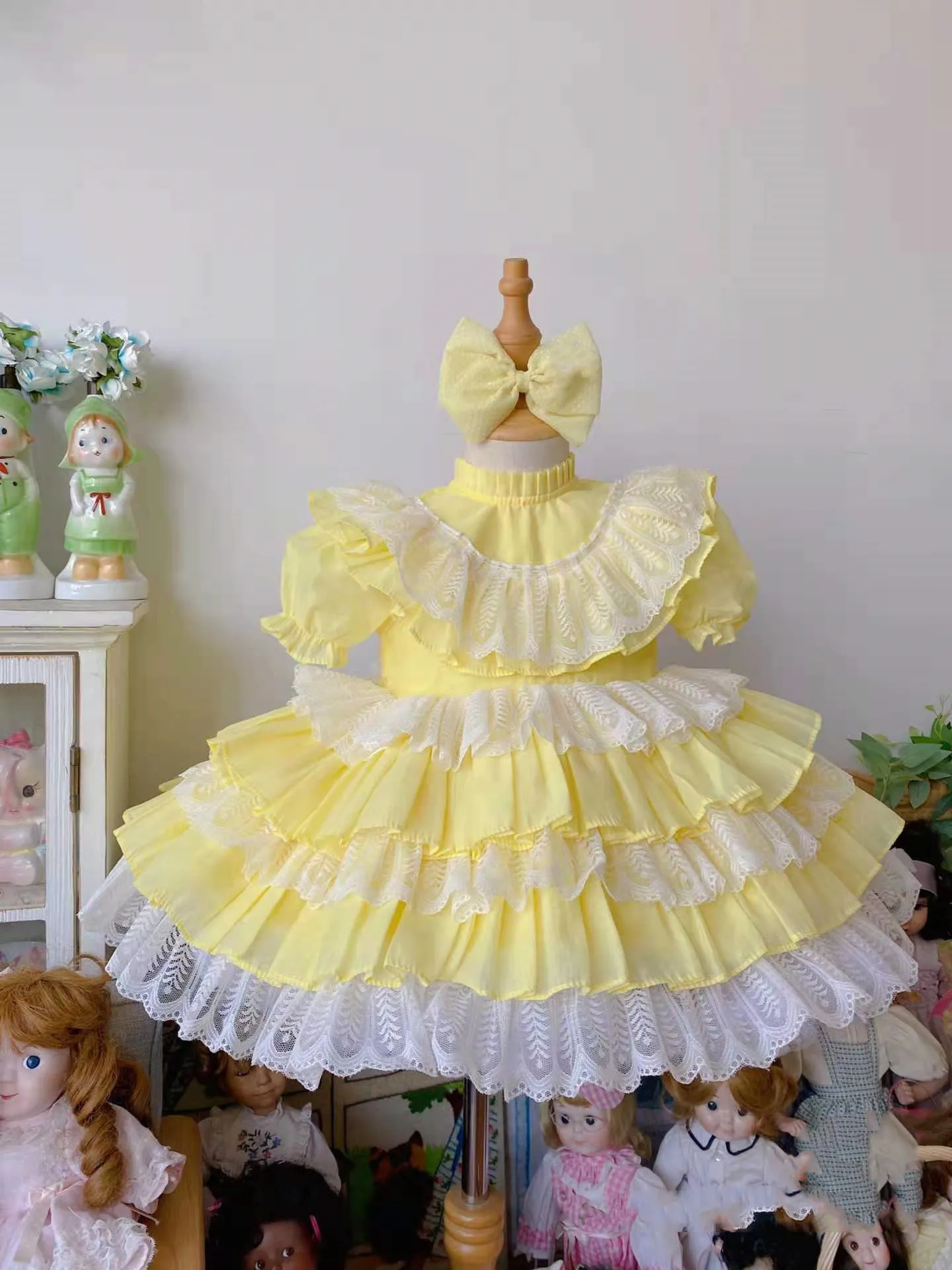 Baby Girl Spring Summer Vintage Spanish Lace Princess Yellow Dress or Easter Birthday Eid