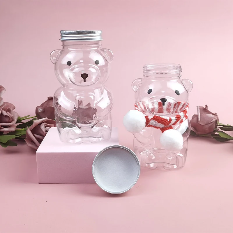 Disposable Drink Bottles Juice Bear Plastic Cup Cute Bear Juice Drink Milk Tea Beverage Storage Bottles With Lid Sealed Bottle