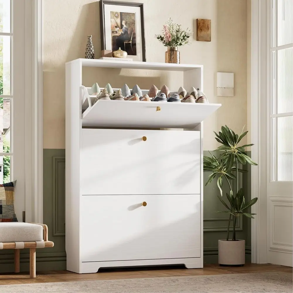 

3-Tier Slim Shoe Storage Cabinet, Modern White Organizer for Entryway and Hallway