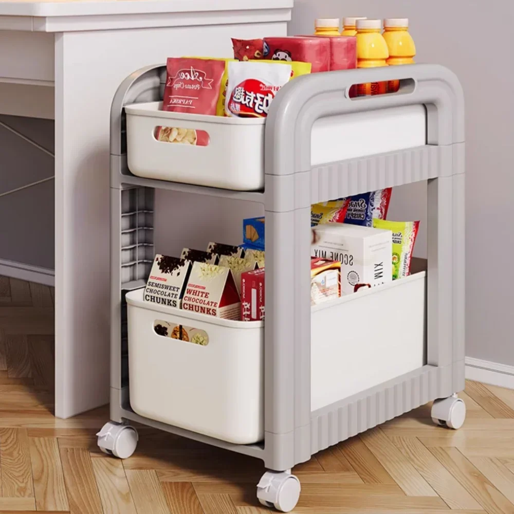 

Movable Bookshelf 2-Tier School Bag Shelf Bookshelf Drawer Style Storage Rack Under-Table Wheeled Trolley Snack Storage Trolley