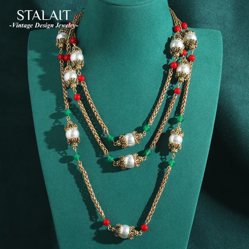 

Vintage Layered Necklaces Pearl Jewelry Luxury Dubai Princess Designer Women Green Natural Stone Antique Gold Color Statement