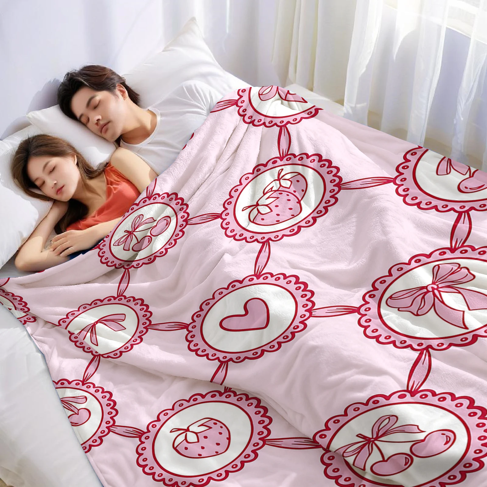 Lace Fruit Grid Cartoon Anime Print Flannel Blanket Soft Warm Throw for Kids Bedroom Sofa Bed Christmas Office Car