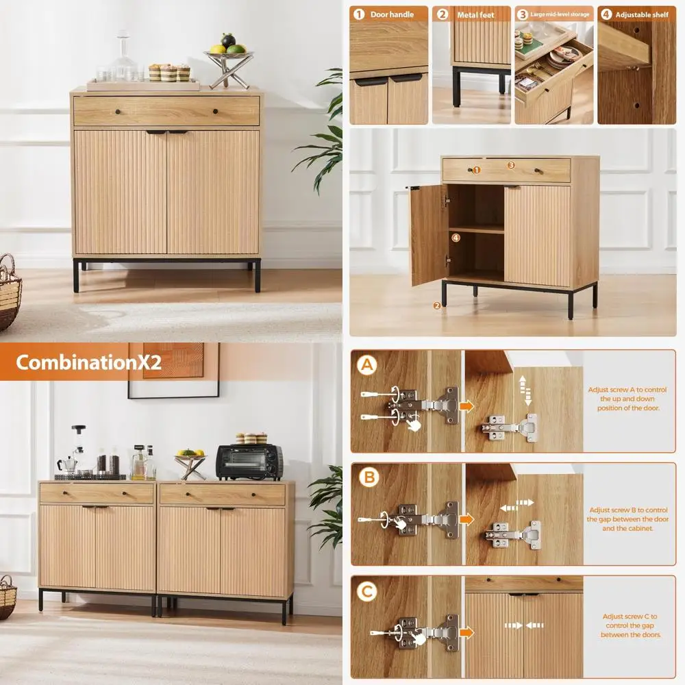 خزانة بوفيه على طراز المزرعة مع أدراج، وطاولة بار القهوة لتخزين المطبخ، وخزانة رفوف قابلة للتعديل #1