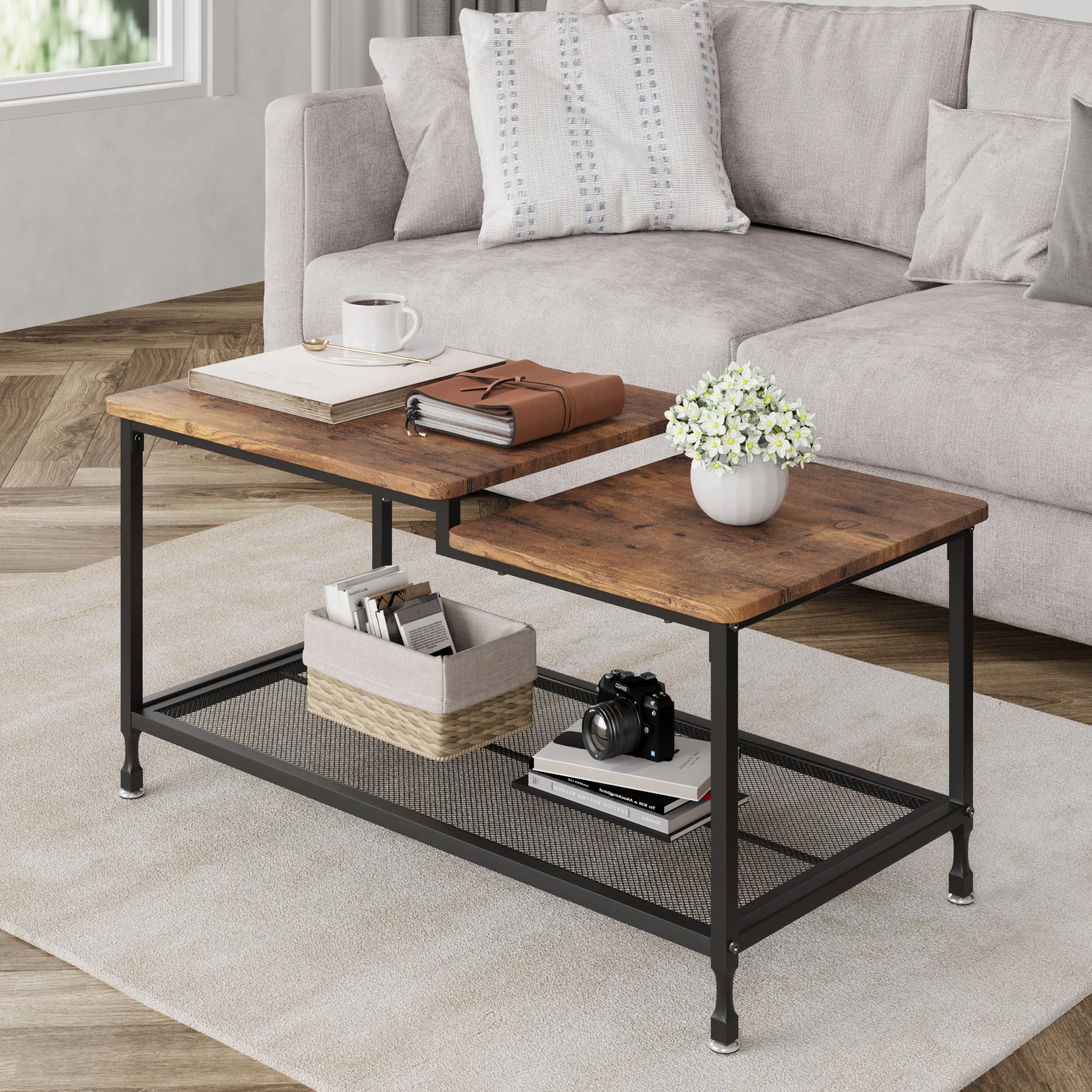 Coffee Table Industrial Living Room Table 2-Tier Center Table with Mesh Shelf Rectangle Storage Cocktail Table Metal Frame