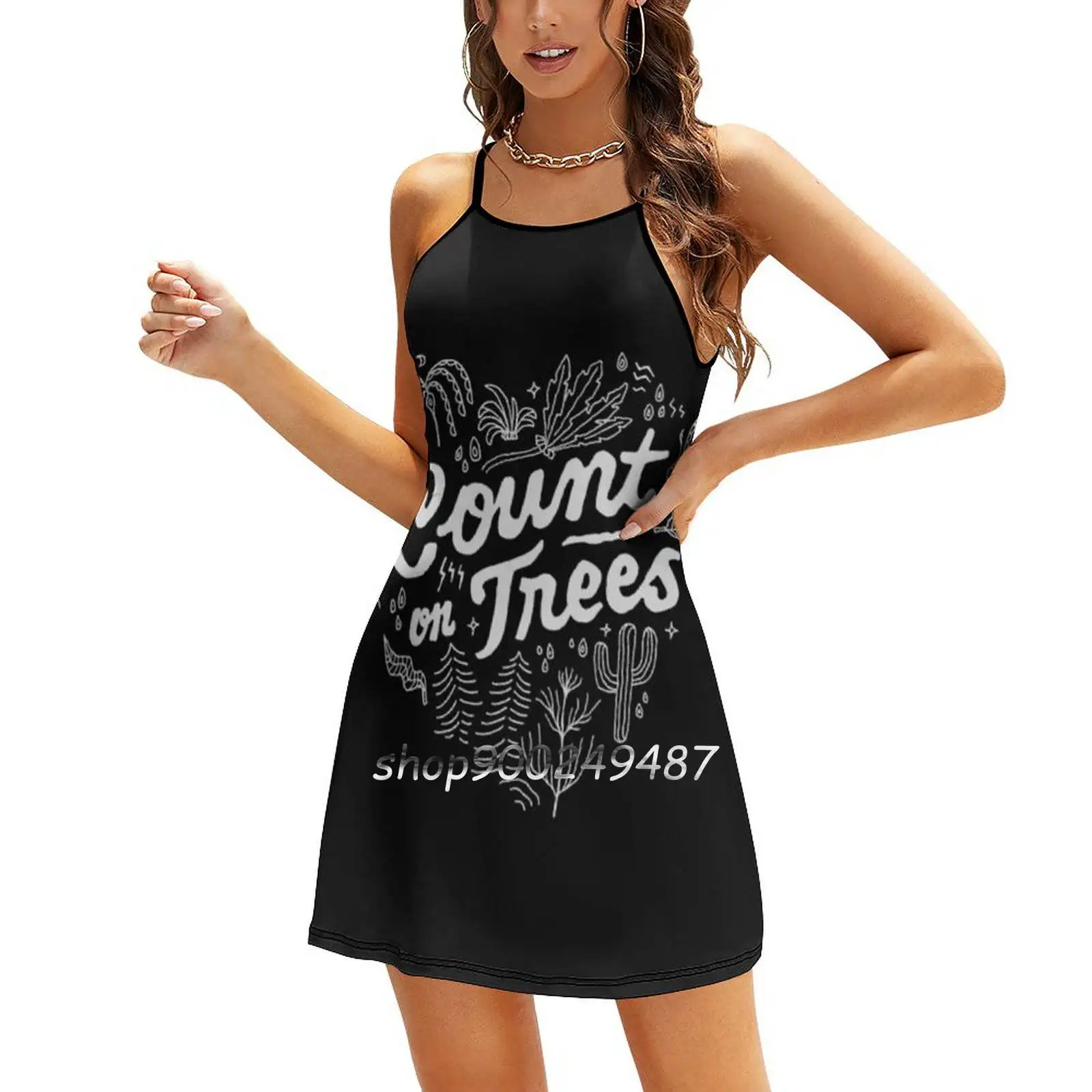 Count On Trees Square Neck Dress Sweet Summer Dress Women Elegant Halter Print Dress Tree Nature Plant Type Typo Lettering Quote