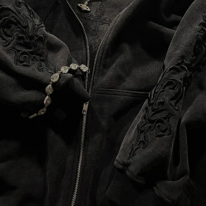 Sudadera con Capucha Bordada con Motivos de Enredaderas, Estilo Americano, Lavado Negro Grisáceo, para Hombre y Mujer, Estilo Gótico Harajuku, Informal