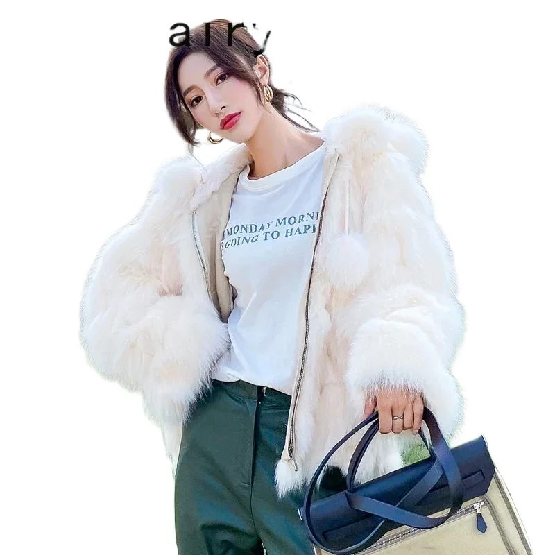 

Пальто из натурального лисьего меха, винтажная элегантная женская куртка с капюшоном, осенне-зимняя женская куртка 2024, женские пальто Casacos Feminino Zjt1223