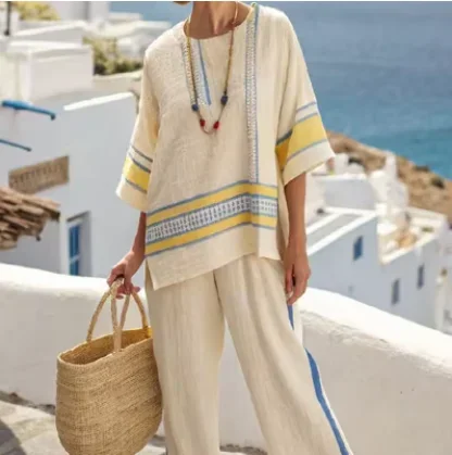 Summer Casual Half Sleeve Women Spring Autumn Set O-neck Wide Leg Pants Simple Fashion Outfit New Ladies Beach Vacation Suits
