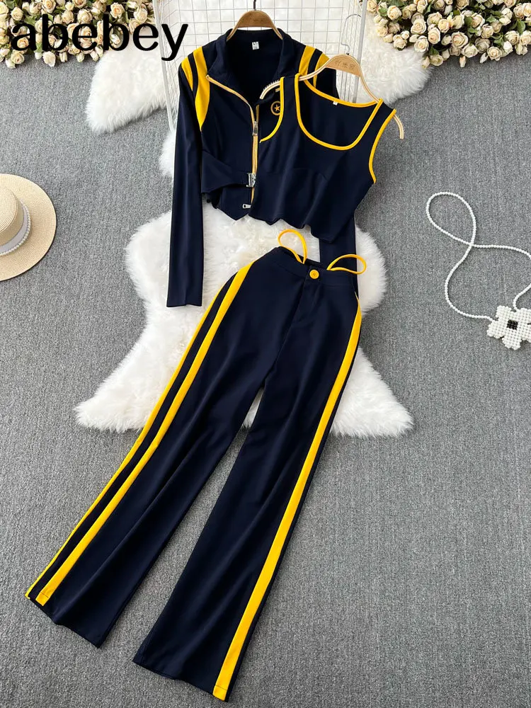 

Женский Повседневный Комплект из трех предметов, свободный однотонный комплект из топа и длинных брюк с широкими штанинами, кардиган, пальто, Осень-зима