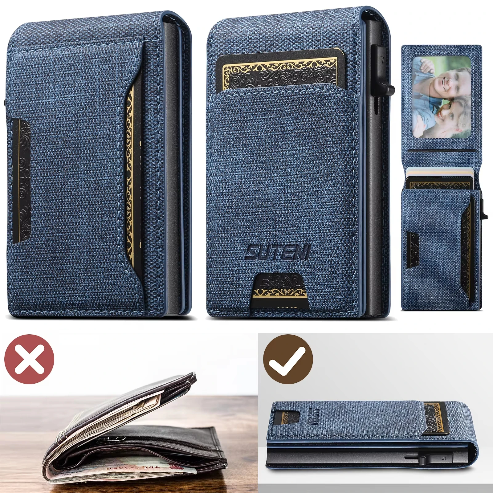 High Quality PU Leather Card Holder Wallet Large Capacity for 1-12 Cards with Photo Slot - Available in Black Brown Blue