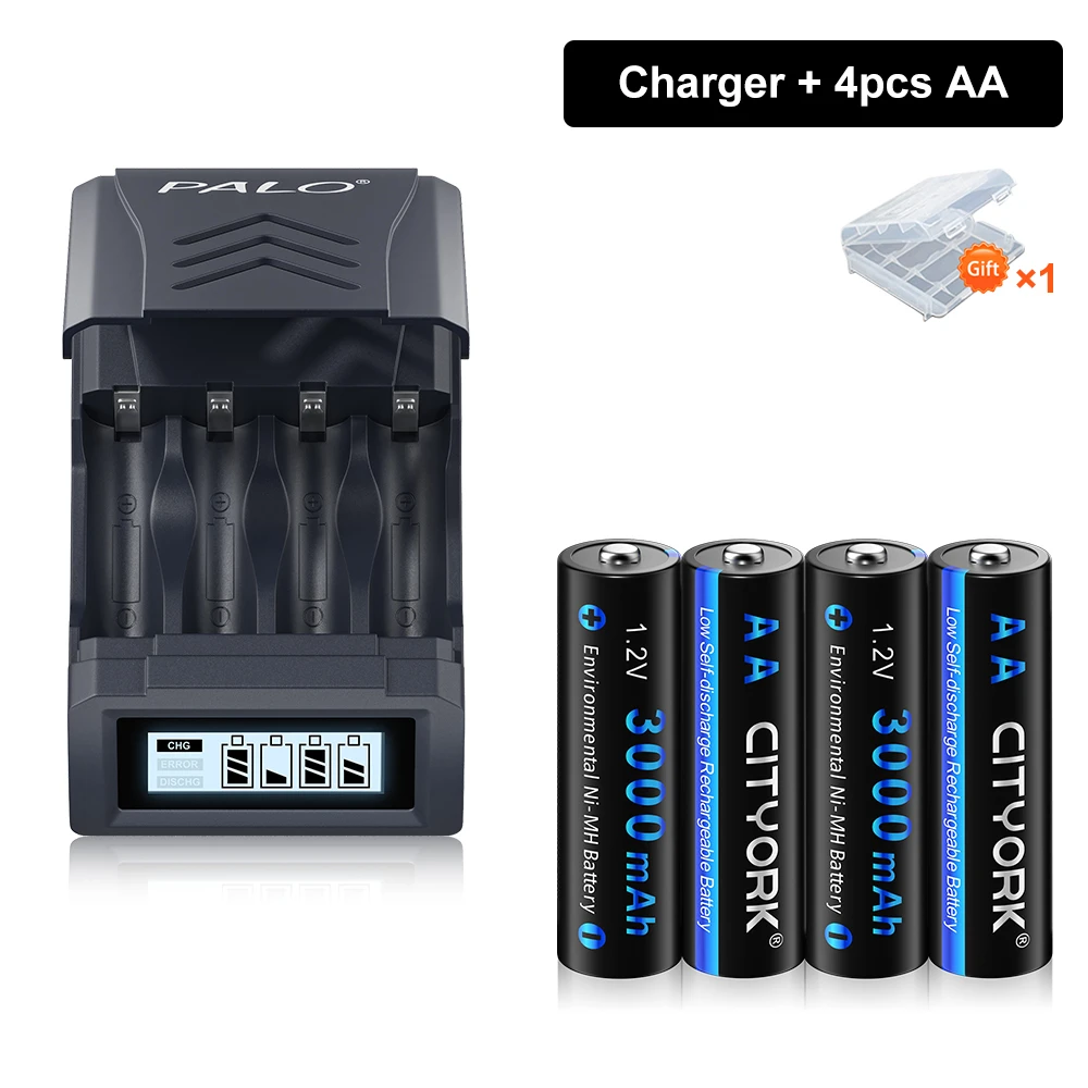 

CITYORK 1.2V 3000mAh NI-MH AA Rechargeable battery NIMH 2A Batteries With 4 Slots LCD USB charger for 1.2V/1.5V AA AAA Battery