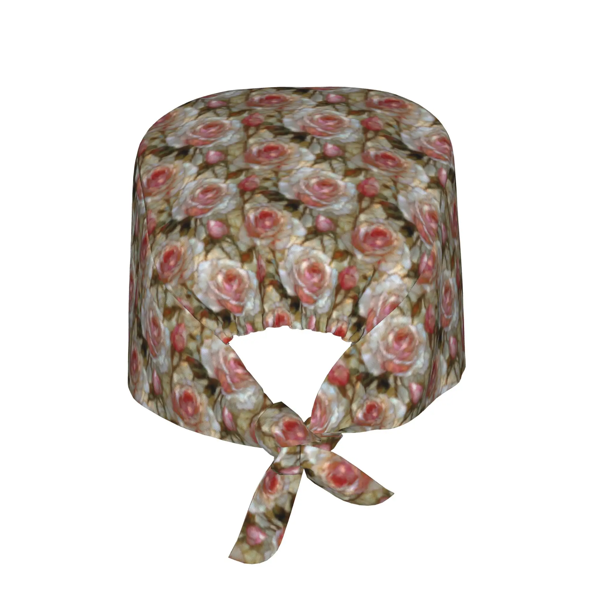 Pink Rose Flowers Breathable Nursing Work Cap Surgical Scrub Caps Unisex Nursing Hair Hats Elegant Stained Work Scrubs Hat for