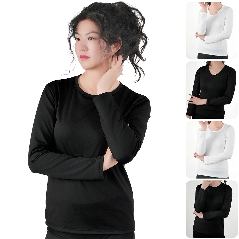 2pcs Womens Thermal Tops Winter Black Bottoming Crop Tops Casual Slim Basic Heating Fiber V O Neck Long Sleeve Shirt 35-100kg