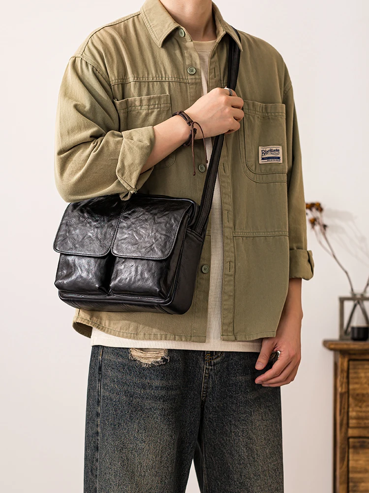 Vintage high quality first layer cowhide men's crossbody bag outdoor travel luxury handmade genuine leather black shoulder bag