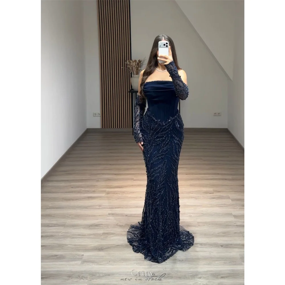 

Cathy Customized Navy Blue Exquisite Lace Prom Dress Detachable Sleeves Mermaid vestidos de noiva Floor-length Evening Dresses