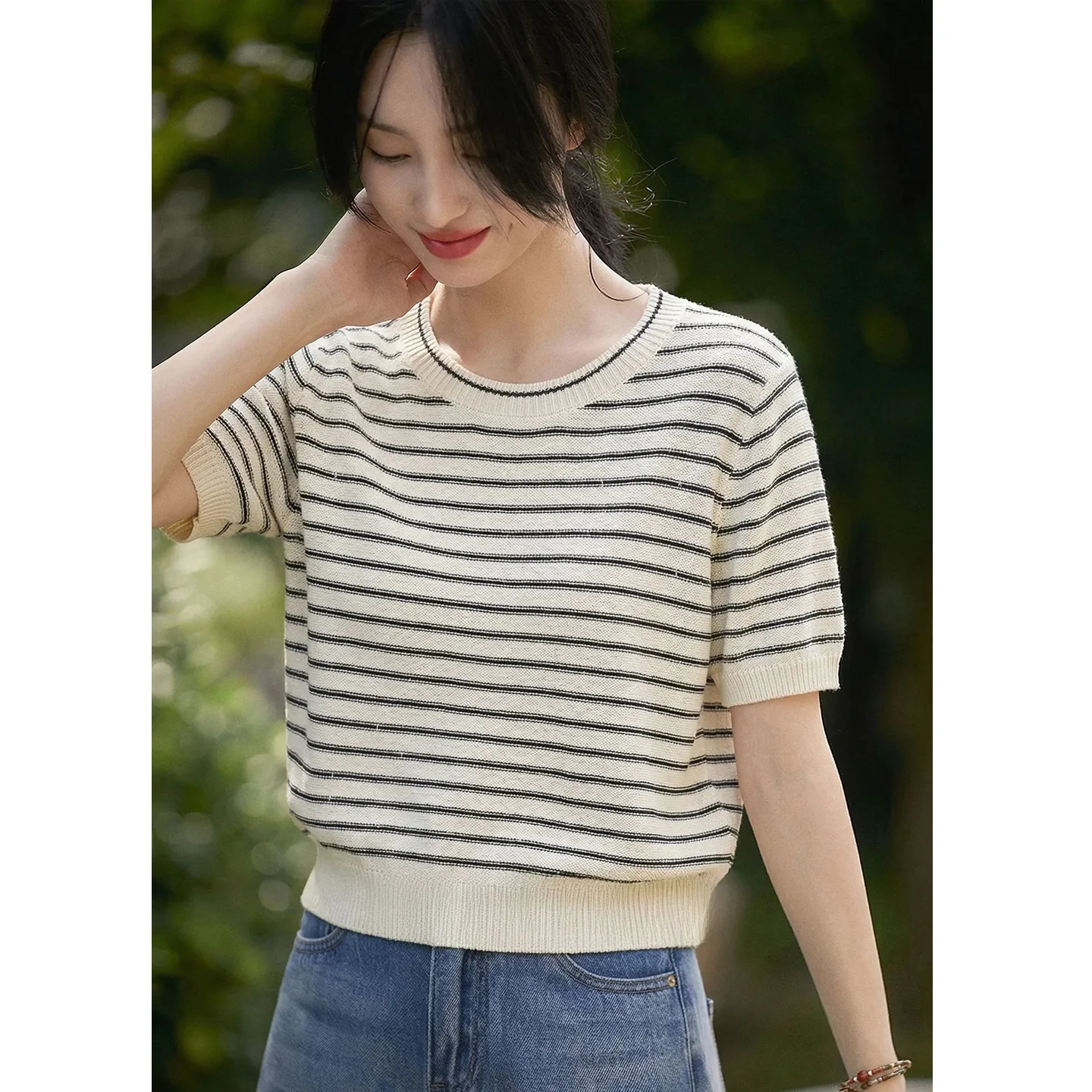 

Slim Fit Cotton Knit Shirt Stripe Short Sleeve round Neck Women's T-shirt Summer Versatile Casual Style Fashionable Top